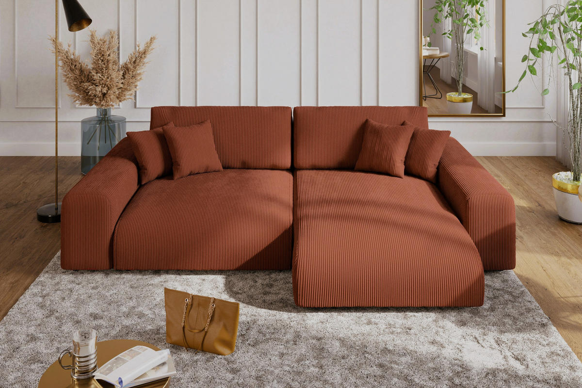 ECKSOFA mit Schlaffunktion, Bettkasten, Wellenunterfederung, seitenverkehrt montierbar B255/T165/H84 cm, Liegefl. 148x196 cm, Cord Terracotta / 21004 - Terracotta/Schwarz, Kunststoff/Textil (255/165cm) - luma-home