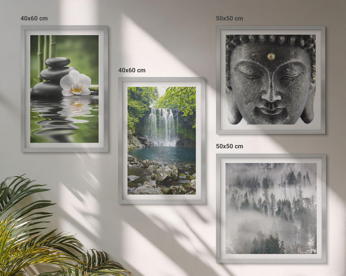 BILDER SET 4er Set - 50x50 cm & 40x60 cm Silberner Rahmen - Harmonie der Natur, Steine, Wasser, Buddha - Silberfarben, Kunststoff (50/50cm) - TULUP