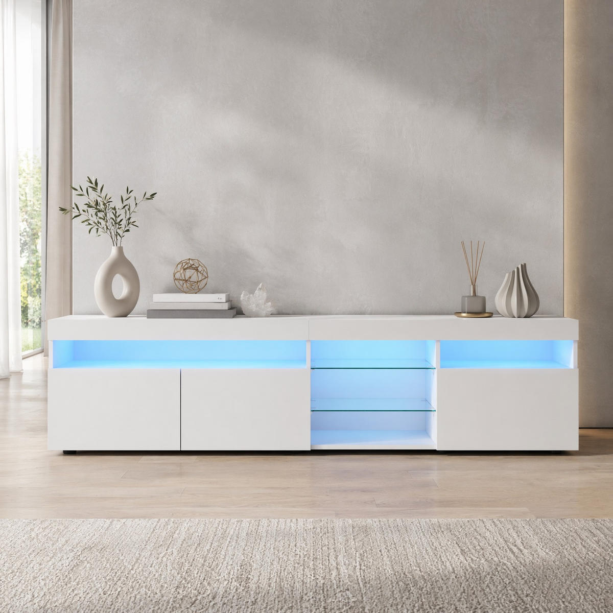 TV STOLEK bílý s nastavitelným LED osvětlením a úložným prostorem, do obýváku a jídelny, 180×35×48 cm - bílá, kov/kompozitní dřevo (180/45/35cm) - STILVORA