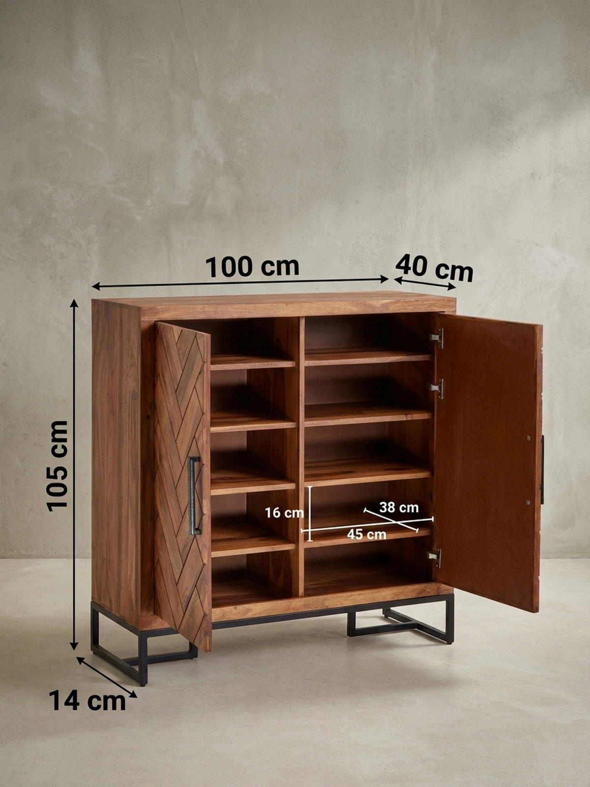 SCHUHSCHRANK – Massivholz, 100x105x40 cm, Fischgrätmuster, große Ablage - Schwarz/Braun, Holz/Metall (100/105/40cm) - KADIMA DESIGN