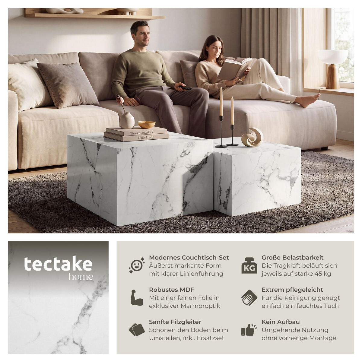 COUCHTISCH 2er Set Lacey, inkl. Filzschoner, Belastbarkeit 45 kg, Marmor Optik weiß - Weiß, Holz (60/60/40cm) - tectake