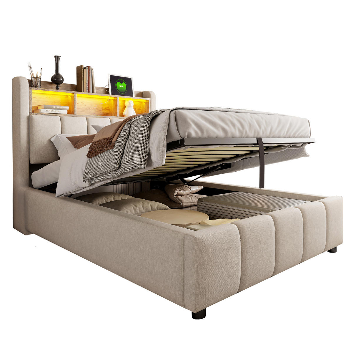 POLSTERBETT 90/200 cm mit LED-Beleuchtung, Bettkasten und gepolstertem Kopfteil - Beige, Textil (90/200cm) - BEAOK