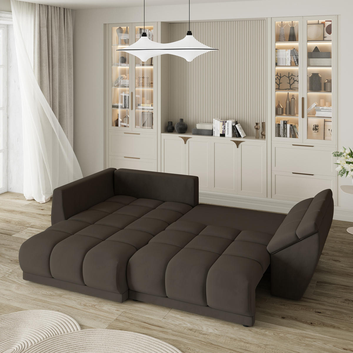 ECKSOFA ORENTI L-S Braun Velours-Stoff mit Schlaffunktion - Braun, Holz (287/182cm) - MASSENO