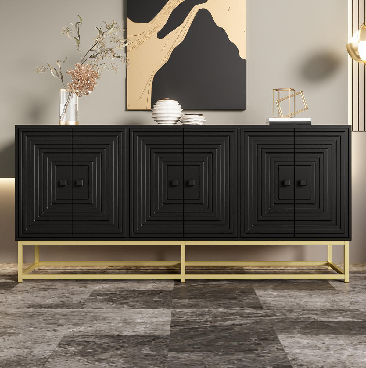 KOMMODE aus Spanplatte 160x38x75,5cm in Schwarz mit 3 Doppeltüren - Schwarz, Holzwerkstoff (160/75.5/38cm) - Modfu