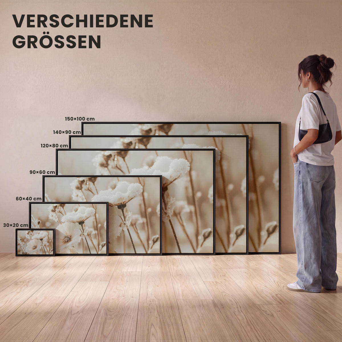 LEINWAND Bilder mit Rahmen - Blumen - Winter - Weiß - Schnee - Beige - 30x20 - Creme, Textil (30/20cm) - MuchoWow