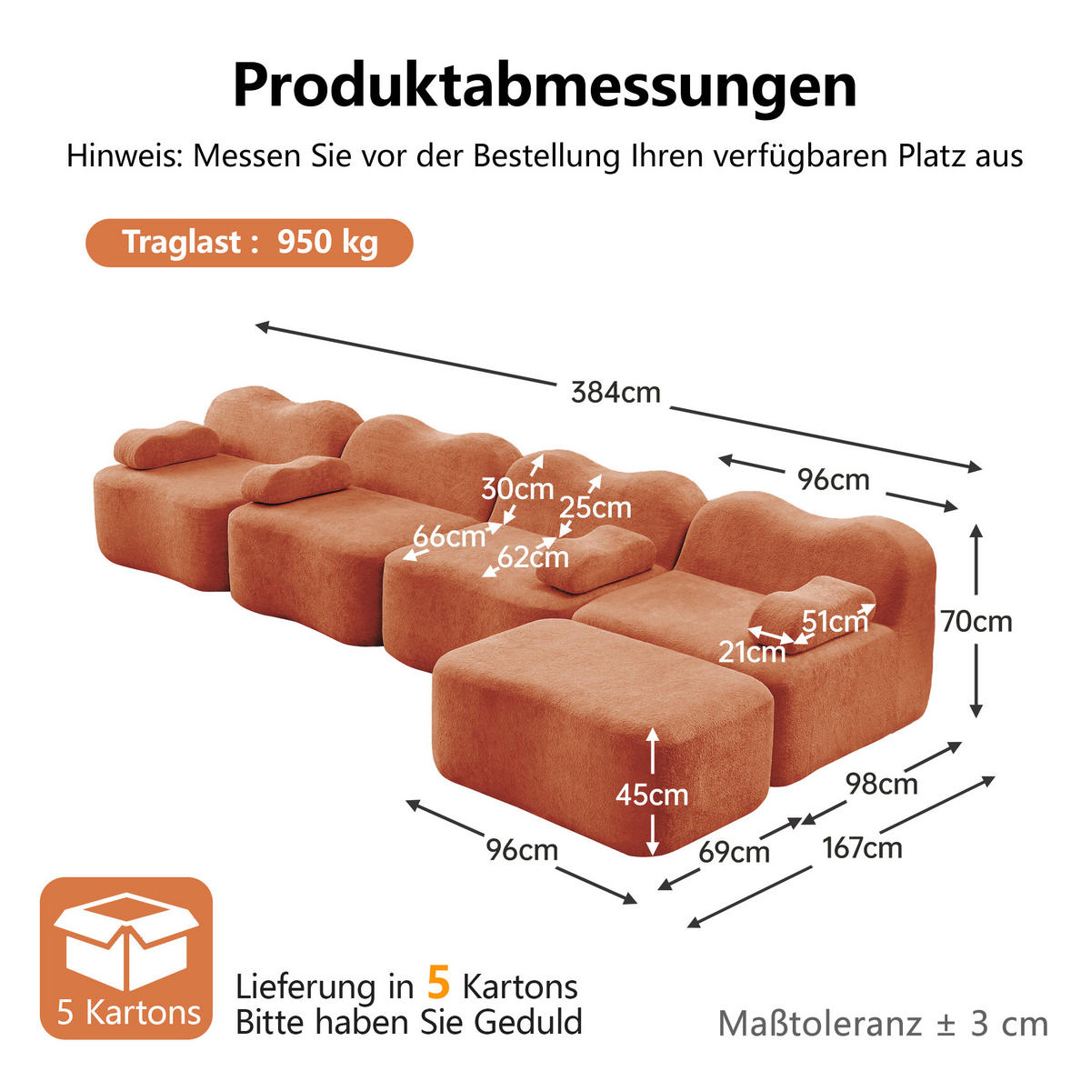 ECKSOFA DE-34348 Wellenform mit Ottoman Orange - Orange, Textil (167/384cm) - ComfortXL