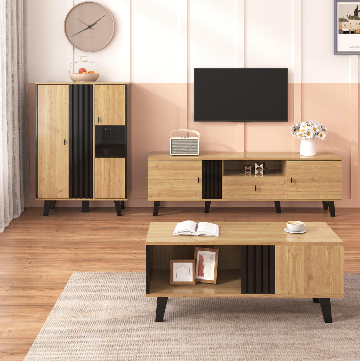 SIDEBOARD 80/120/40 cm in Holzfarben/Schwarz mit Glastüren und LED-Beleuchtung - Naturfarben, Holzwerkstoff (80/40/120cm) - Flora Grace