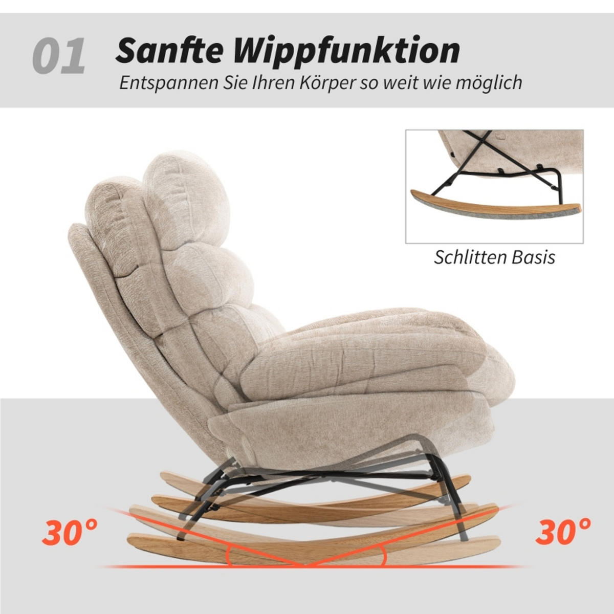 SCHAUKELSTUHL Cremeweiß mit Stahlbeinen und Holzkufen - Creme, Textil (80/91/103cm) - Oxeza