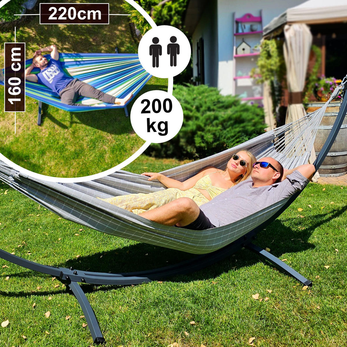 HÄNGEMATTE mit Gestell, 2 Personen, XXL, Tytan Rahmen bis 350 kg, Metall, Catargo Grau, einfache Montage - Grau, Metall (370/130/120cm) - Potenza