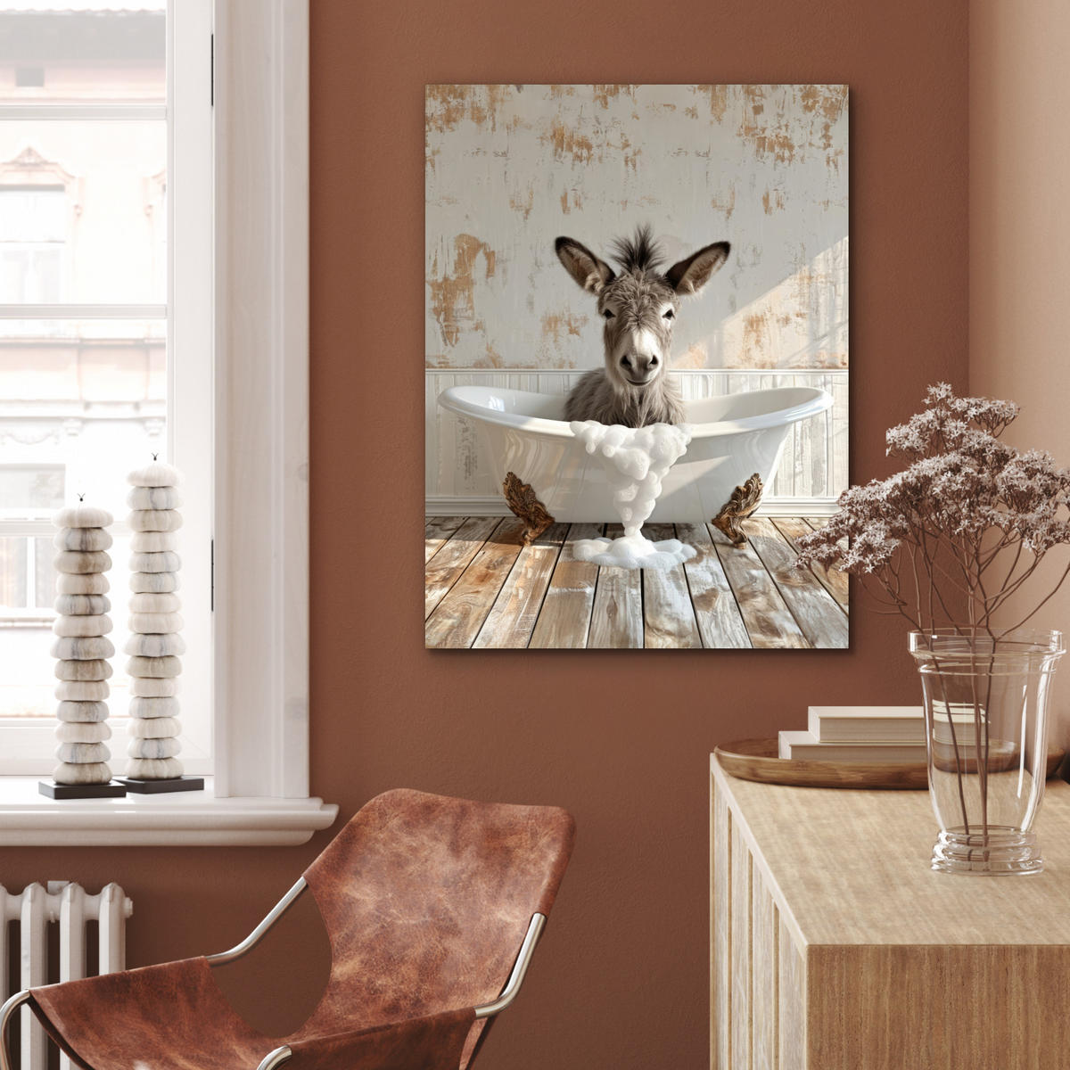 KOVOVÝ OBRAZ Osol - Zvieratá - Vaňa - Pena 60x80 cm - biela, kov (60/80cm) - MuchoWow