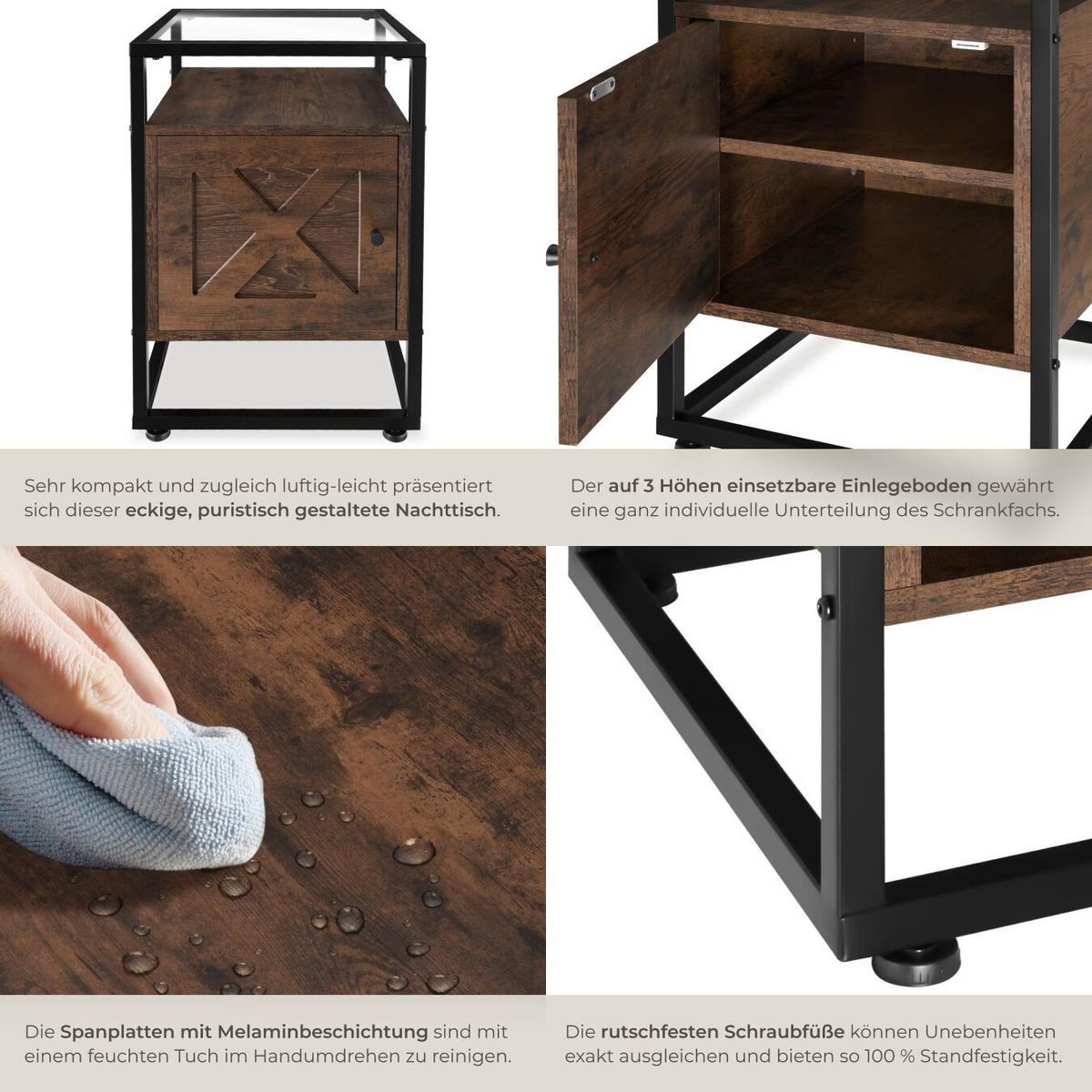 NACHTSCHRANK Kidderminster,40 x 43 60,5 cm,Industrial Holz dunkel, rustikal - Rostfarben, Holzwerkstoff (43/60.5/40cm) - tectake