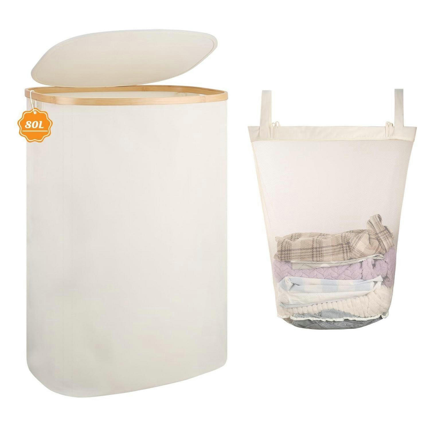 WÄSCHEKORB 80L Bambus mit Deckel Beige - Weiß, Naturmaterialien (32.5/56/44cm)