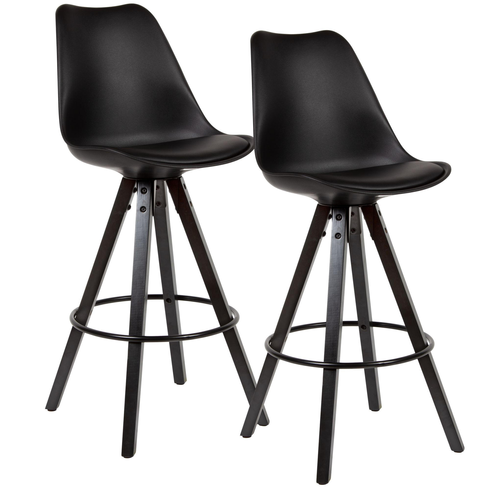 BARHOCKER Set – 2 Stück, Schwarz Kunstleder und Massivholz, mit Lehne, Sitzhöhe 77 cm, Skandinavisch - Schwarz, Holz/Textil (49/113/53cm) - KADIMA DESIGN