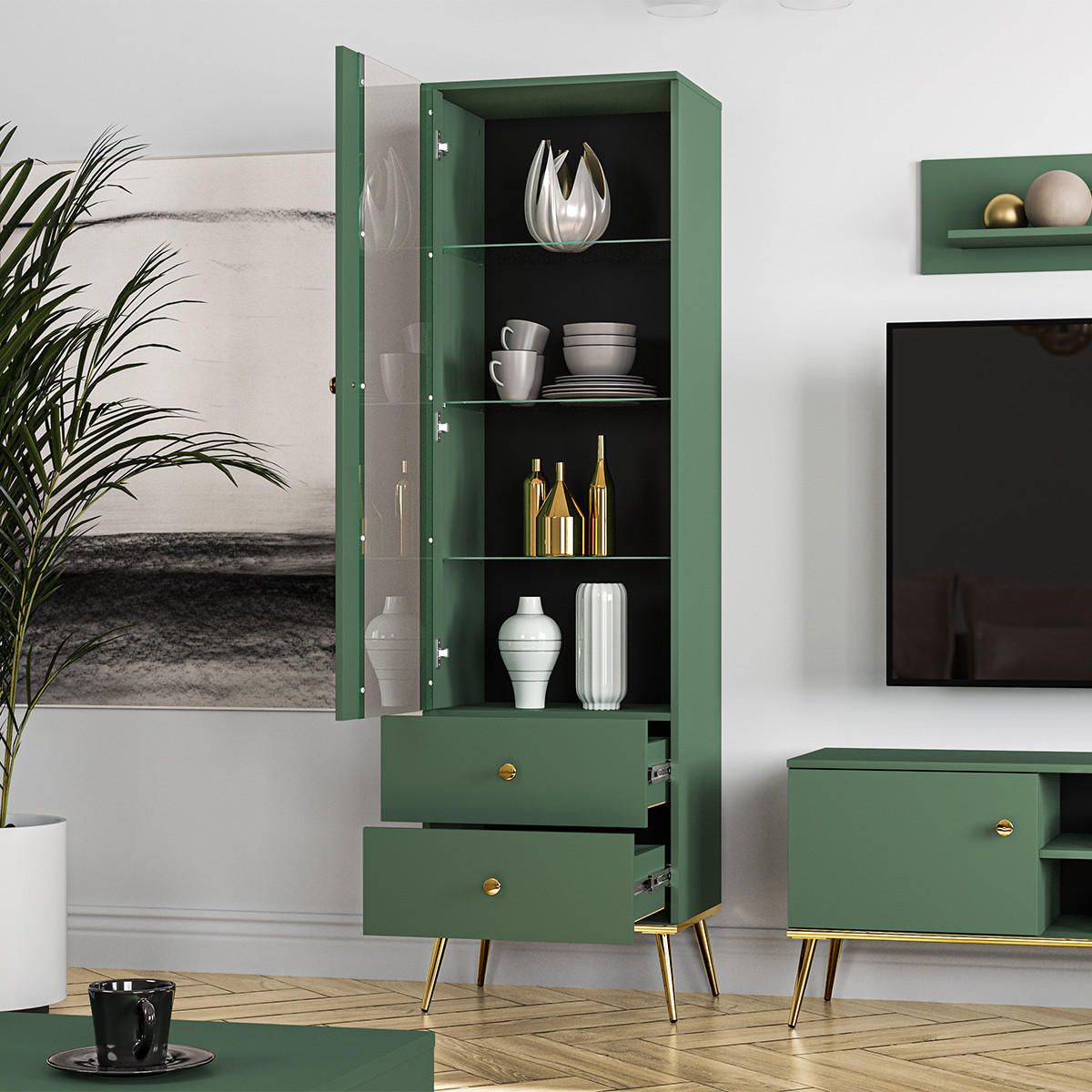 VITRÍNA Thalia Zelená - zelená barva, kompozitní dřevo (55/190/40cm) - Petits-meubles