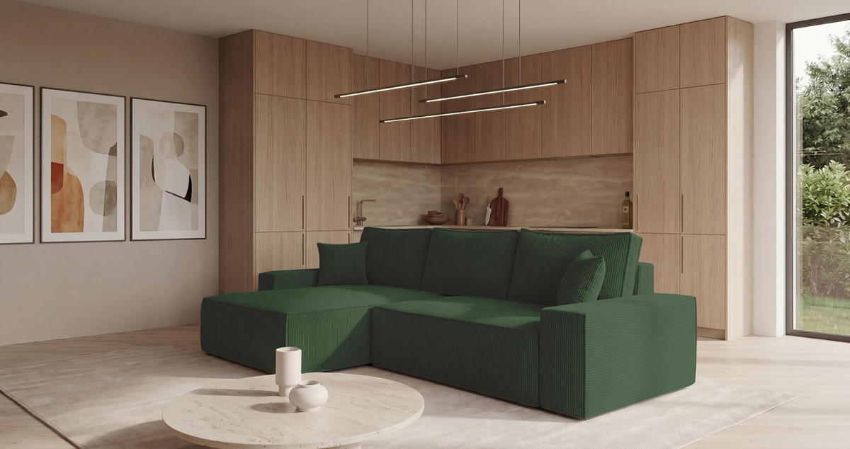 ECKSOFA California mit Schlaffunktion Grün Links - Grün, Textil (280/185cm) - Cornero