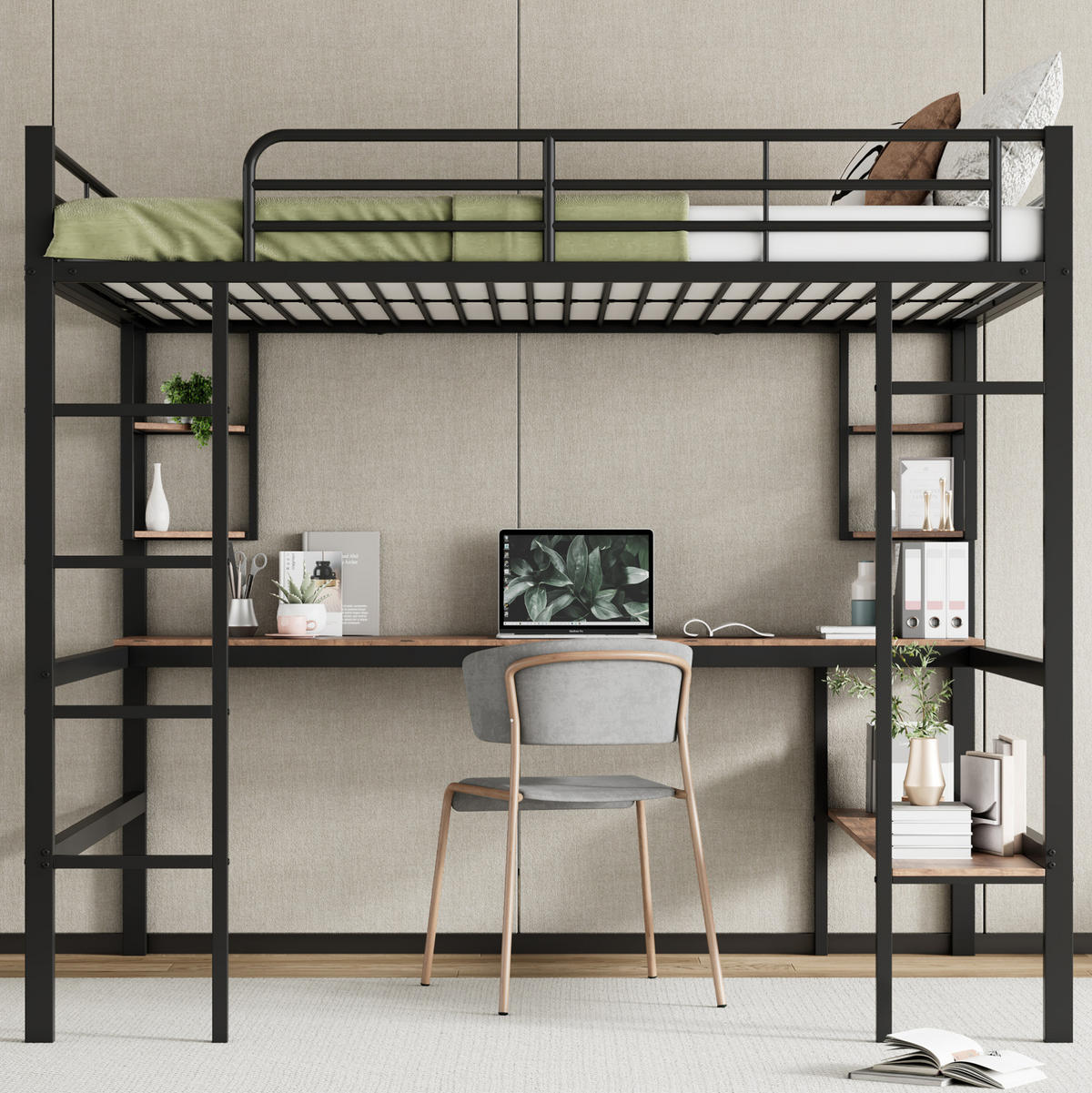 HOCHBETT 140/200 cm Schwarz aus Metall und MDF mit Schreibtisch und Regalen - Schwarz, Metall (140/200cm) - OKMYHOME