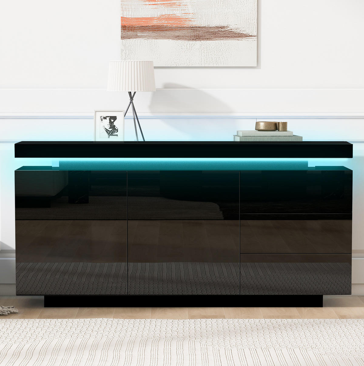 SIDEBOARD mit LED 140 x 35 x 72,5 cm Schwarz 2 Türen 3 Schubladen - Schwarz, Holzwerkstoff (140/72/38cm) - Meubliv