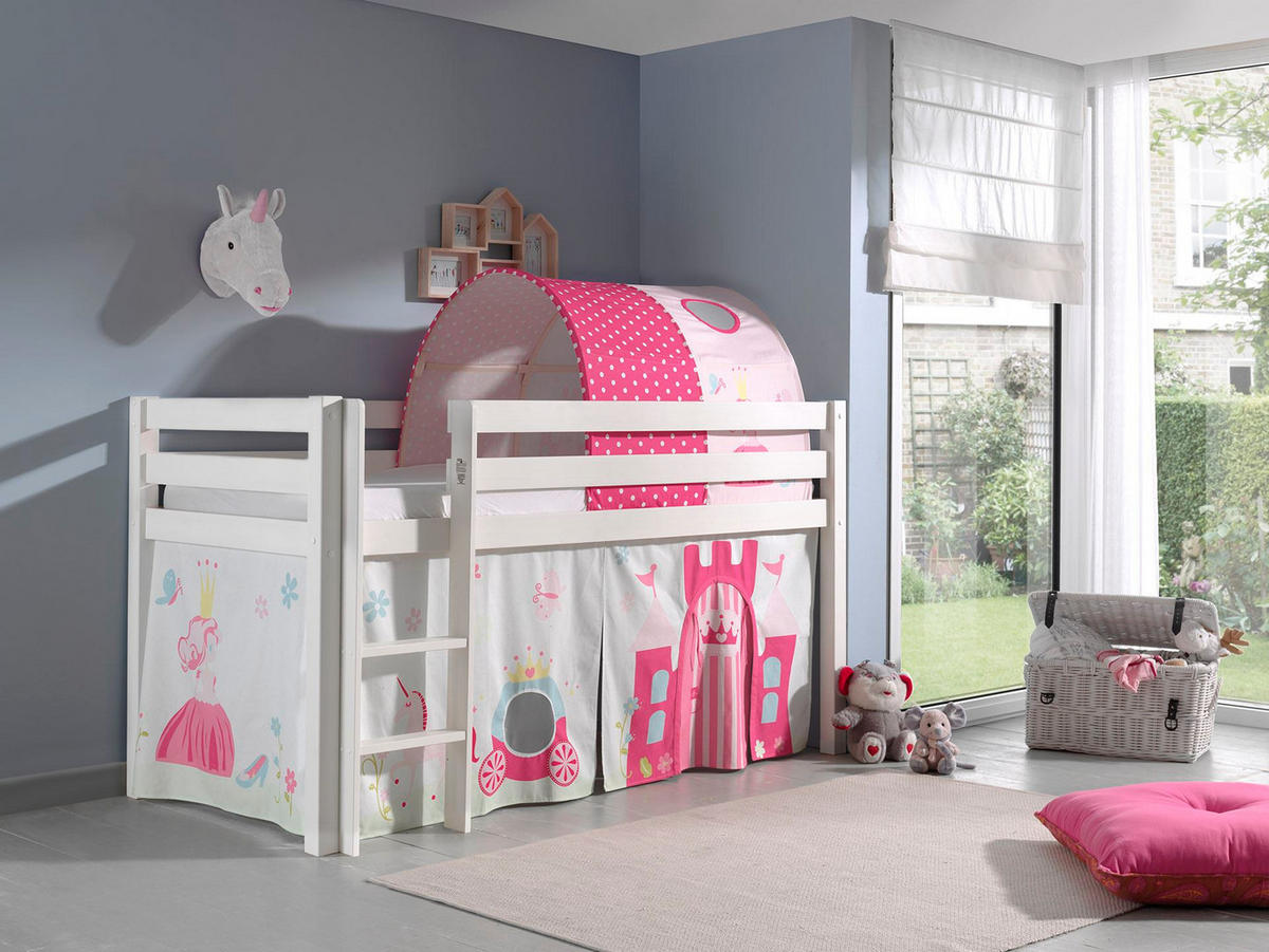 KINDERBETT Karolina 210x114x106 Massivholz Weiß Textilset Princess 2 - Magenta/Weiß, Holz (90/200cm) - 58aufmkessel