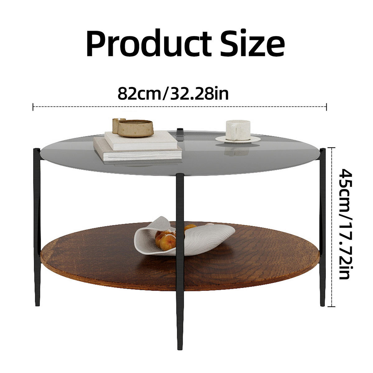 COUCHTISCH aus Glas, Holz und Eisen Ø82x45 cm Schwarz mit 2 Ablageflächen - Schwarz, Glas (82/82/45cm) - IVMEU