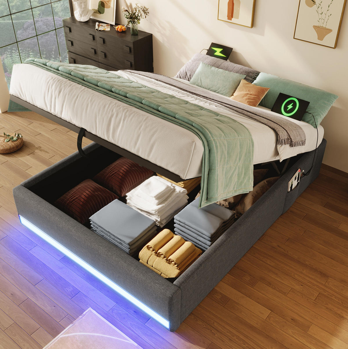 ČALÚNENÁ posteľ z ľanu a MDF 90x200 cm sivá s LED osvetlením, USB a Type-C portom, hydraulickým úložným priestorom - sivá, textil (90/200cm) - Modfu
