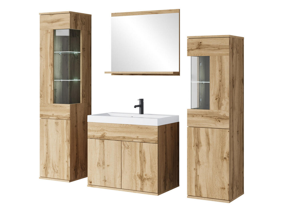 BADMÖBEL-SET Nairobi mit weißer LED Beleuchtung - Eiche Wotan, Holzwerkstoff (31/133/31cm) - MIRJAN24