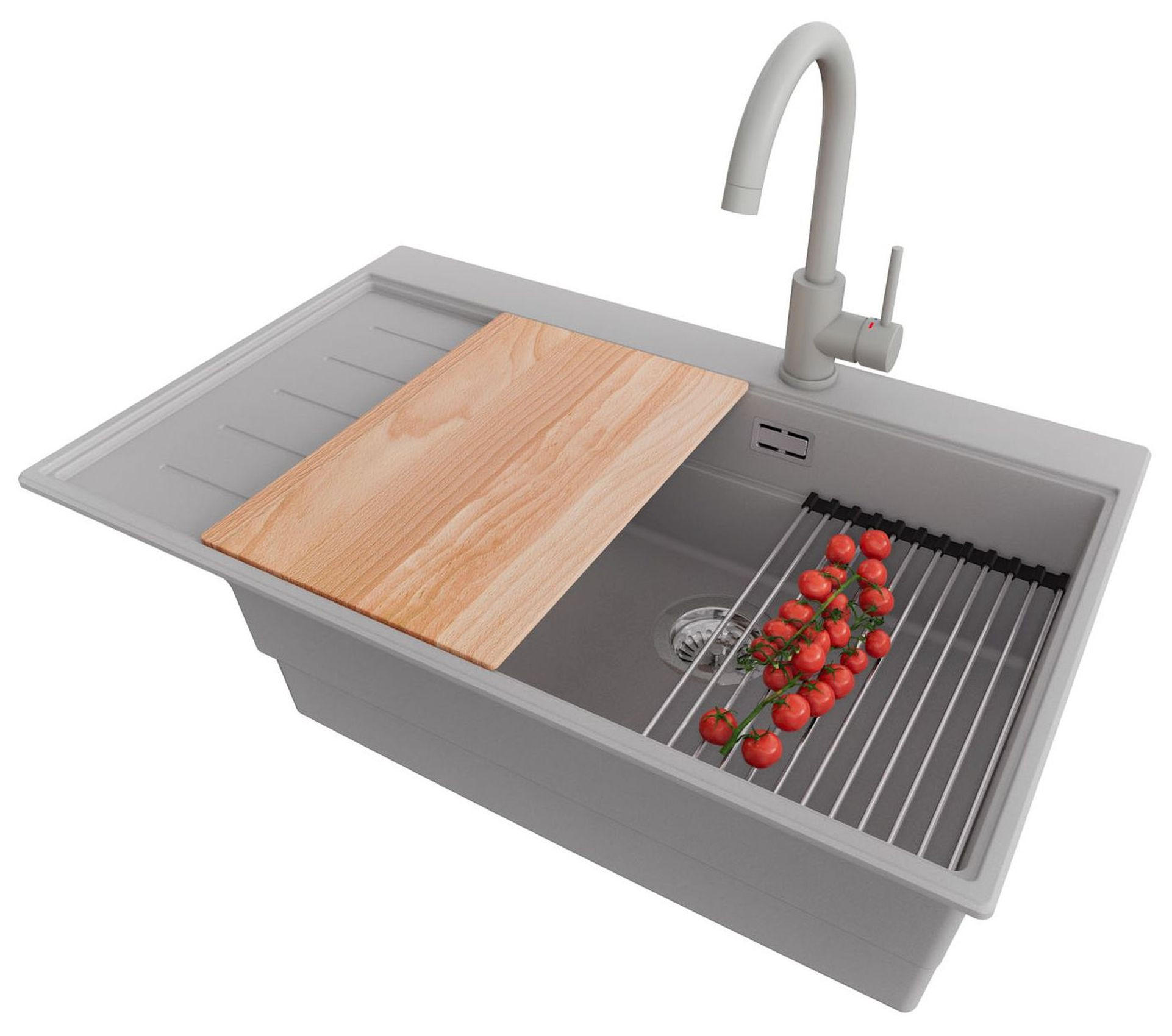 GRANITSPÜLE Sydney, 2-er set Grau 78/50 cm 1 Becken + Küchenarmatur 32/20 cm + Ablauf-Set + Küchenzubehörset ab 60er Unterschrank - Chromfarben/Beige, Kunststoff (78/20/50cm) - Primagran