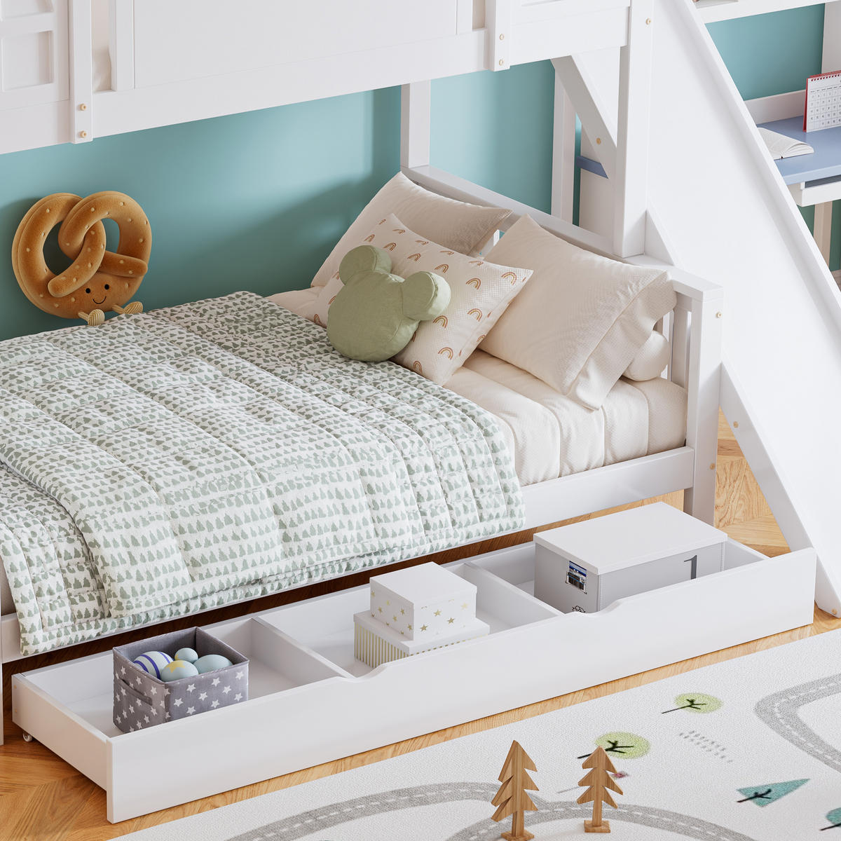 ETAGENBETT 90/200 cm & 120/200 cm in Weiß Kinderbett mit Rutsche, Schublade und 4 Schrankfächern - Weiß, Holzwerkstoff (90/200cm) - STILVORA