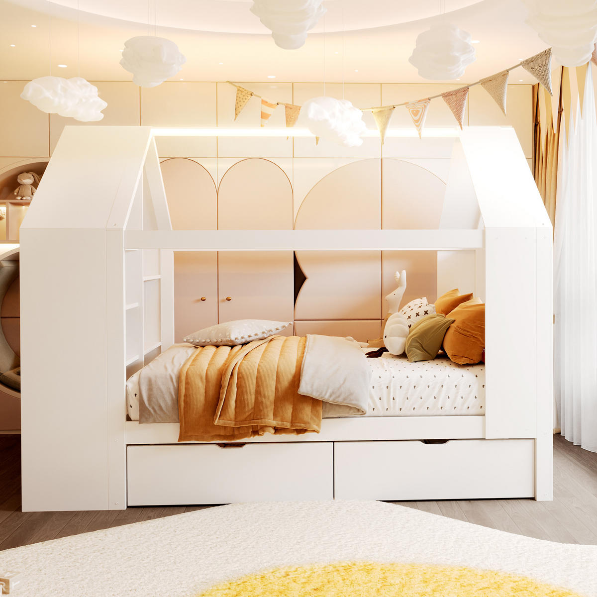 KINDERBETT 90x200 Hausdesign LED Schubladen Weiß - Weiß, Holz (90/200cm) - FLIEKS
