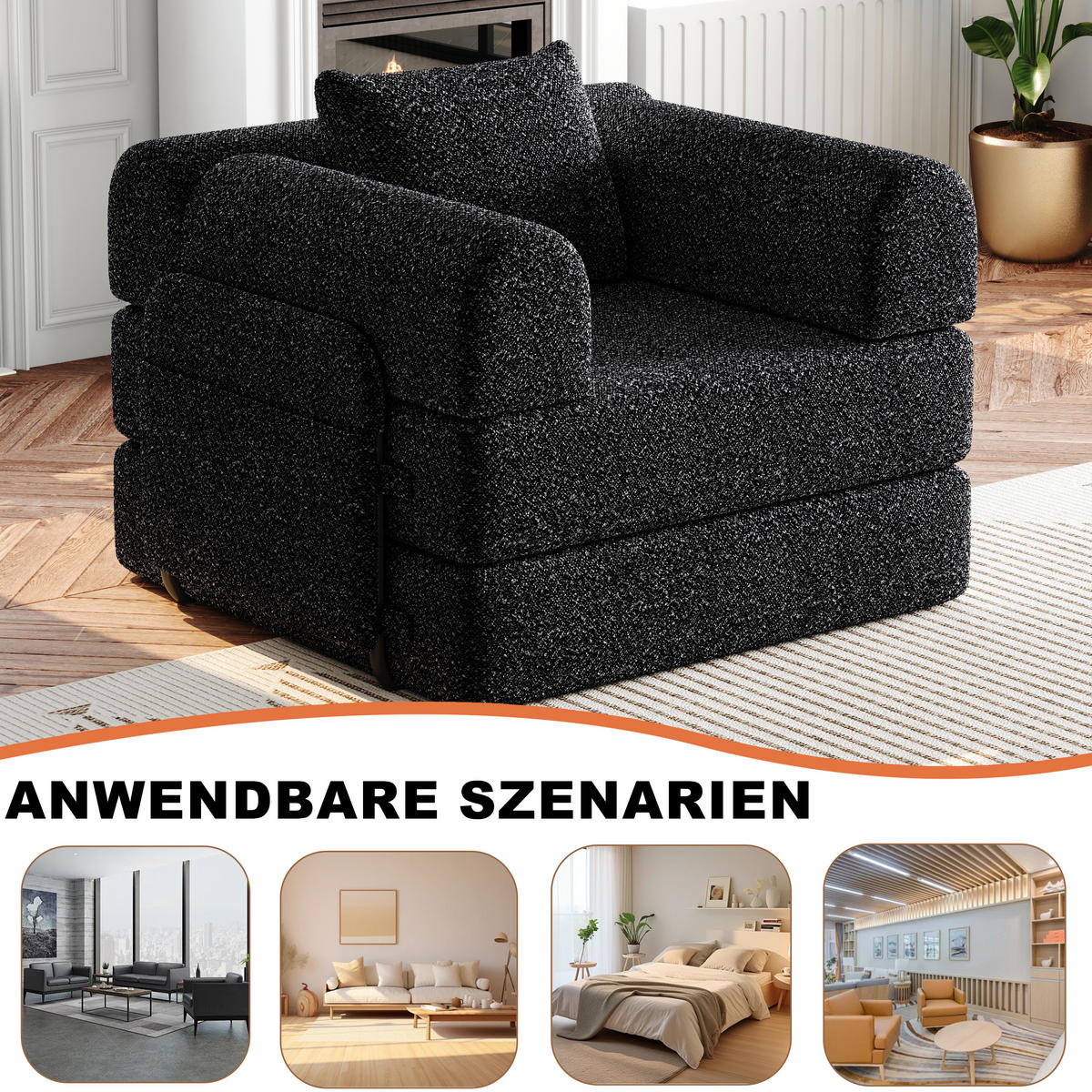 SCHLAFSOFA 2-in-1 mit Armlehnen-Ablagefach Chenille Schwarz 200/90/85 cm - Schwarz, Textil (181.6/49.5/94cm) - OKWISH