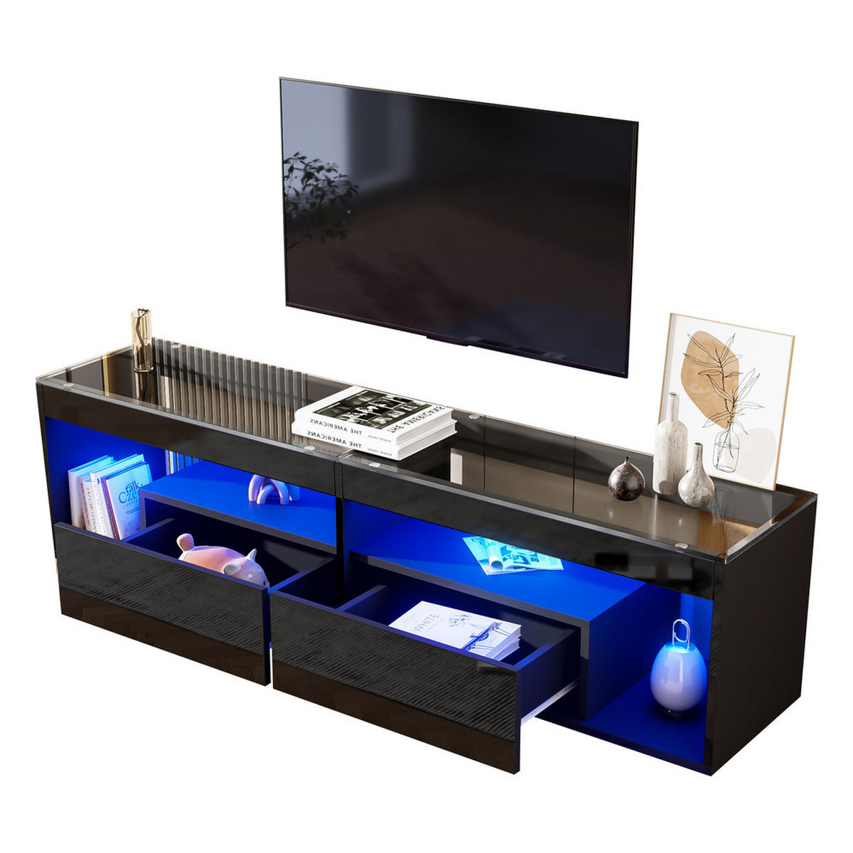 TV-SCHRANK Hochglanz LED-Beleuchtung 2 Schubladen Schwarz bis 70 Zoll - Schwarz, Holz (48.9/15.24/104.14cm) - FLIEKS