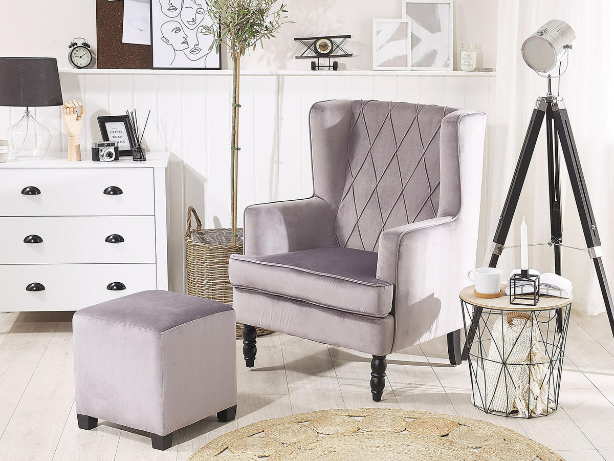 SESSEL Samtstoff grau plus Hocker Sandset - Grau, Textil (72/101/75cm) - Beliani