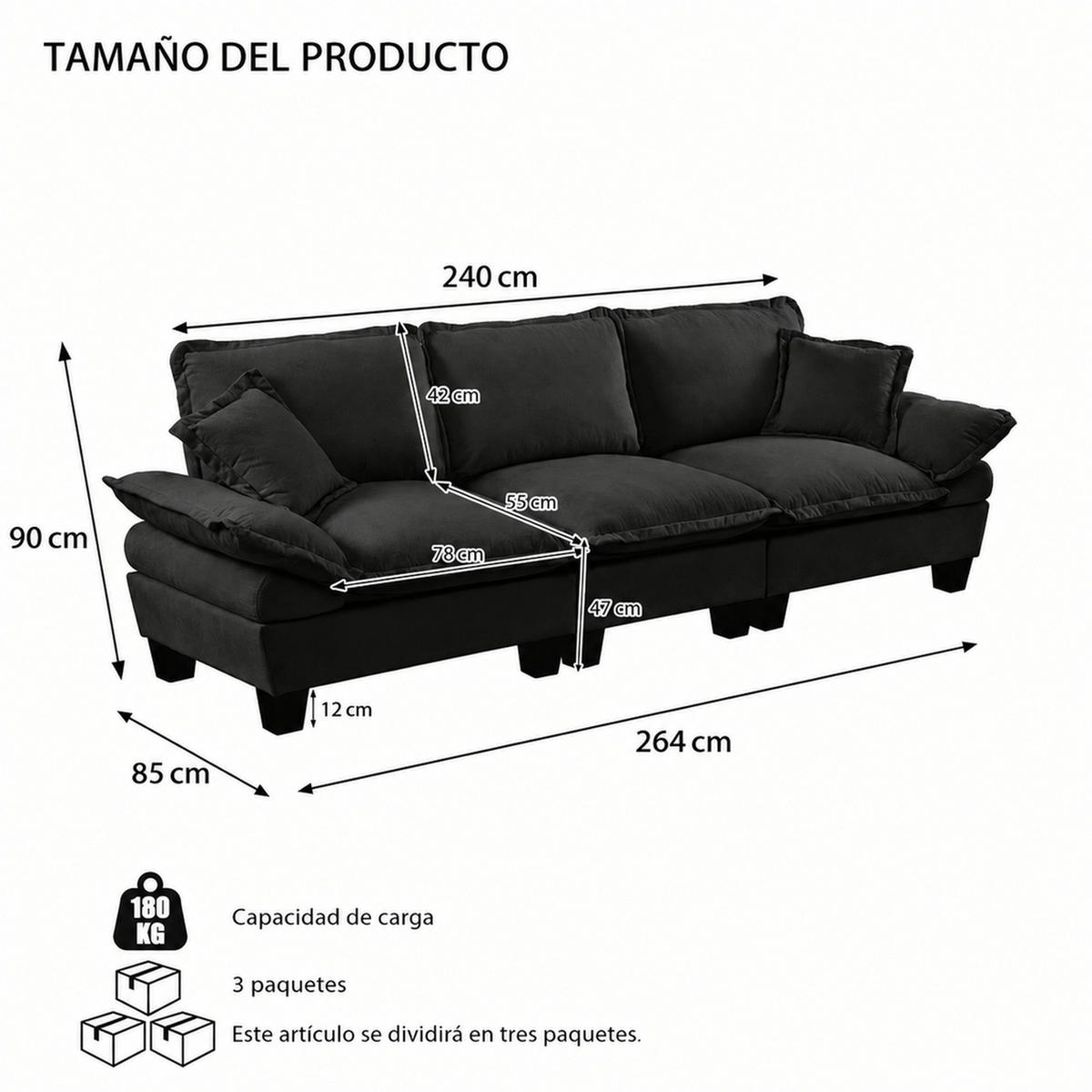 3-SITZER Sofa aus Chenille Schwarz 264x85x90 cm, 3-Sitzer mit abnehmbaren Armlehnen - Schwarz, Textil (264/90/85cm) - IVMEU
