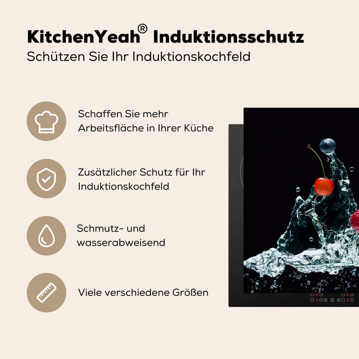 HERDABDECKPLATTE Wasser - Obst - Orange - Erdbeere - Kirsche - Schwarz 85x52 cm - Orange, Kunststoff (85/0.2/52cm) - MuchoWow