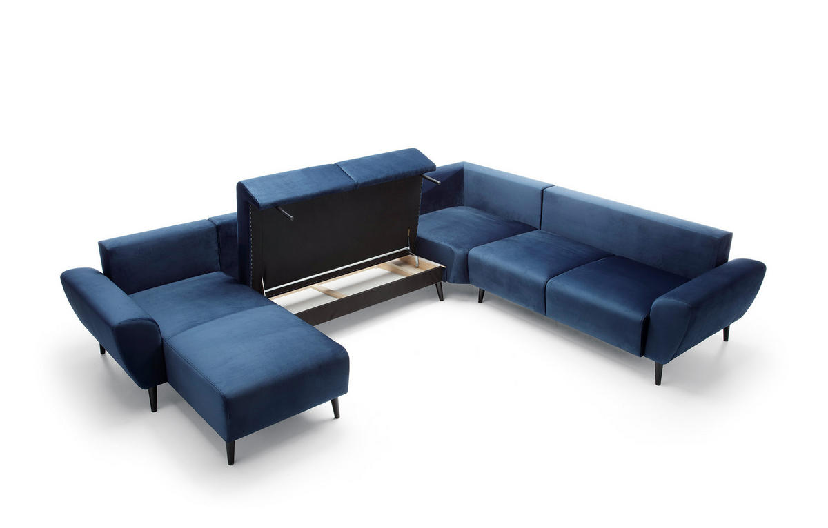 ECKSOFA BOSCO U-Form, Monolith-Stoff, Freistehend, mit verstellbaren Kopfstützen, Sofa für Familien, Größe: 340x270x98cm, Farbe: Blau - Blau, Holz/Textil (270/340cm) - DomoHome