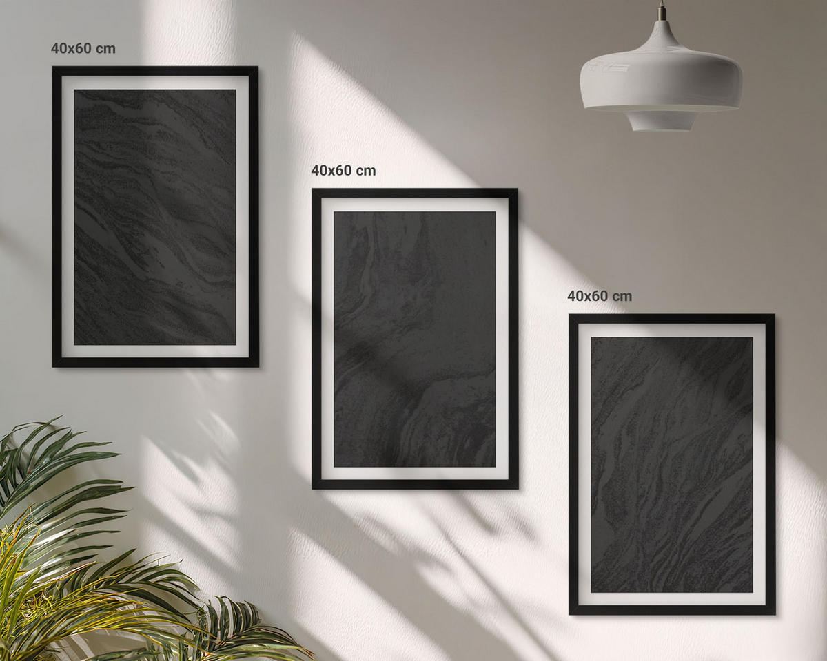 BILDER SET 3er Set - 40x60 cm Schwarzer Rahmen - Dunkler Marmor, elegante Texturen - Schwarz, Kunststoff (40/60cm) - TULUP