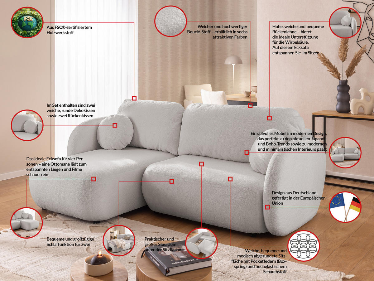ECKSOFA Candy mit Schlaffunktion Hellgrau Bouclé-Stoff - Ottomane links - Hellgrau/Schwarz, Holz/Kunststoff (230/146cm) - S-Style Möbel