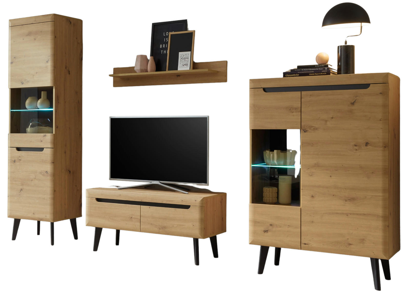 WOHNWAND 4-teilig Eiche Artisan, schwarz 290 cm, Wohnkombination skandinavisch - Eichefarben, Glas/Holzwerkstoff (290/197/40cm) - Furn.Design