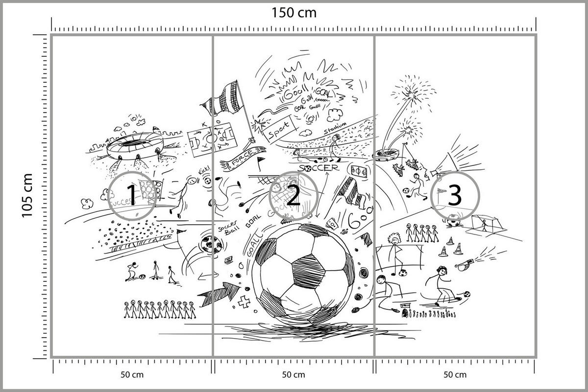 FOTOTAPETE für Kinderzimmer Fußball Skizzen Tor Stadion Sport 150x105 - Schwarz/Weiß, Papier (150/105cm) - Muralo