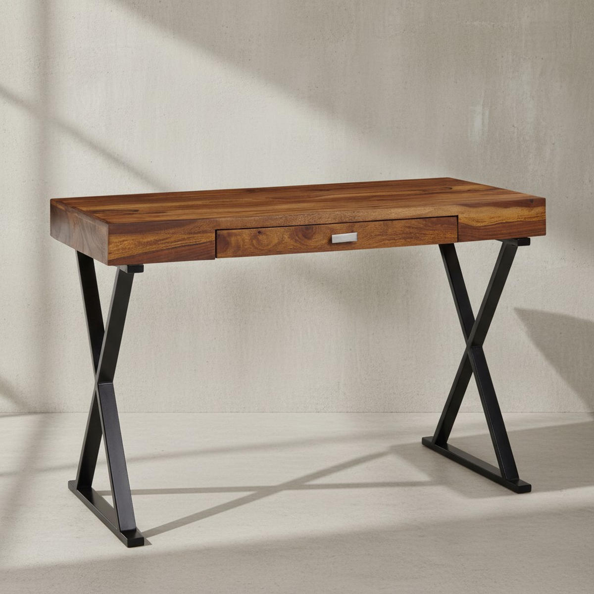 SCHREIBTISCH Massivholz X-Gestell Schublade, Schwarz 120x55x78 cm - Schwarz, Holz/Metall (55/120/78cm) - KADIMA DESIGN