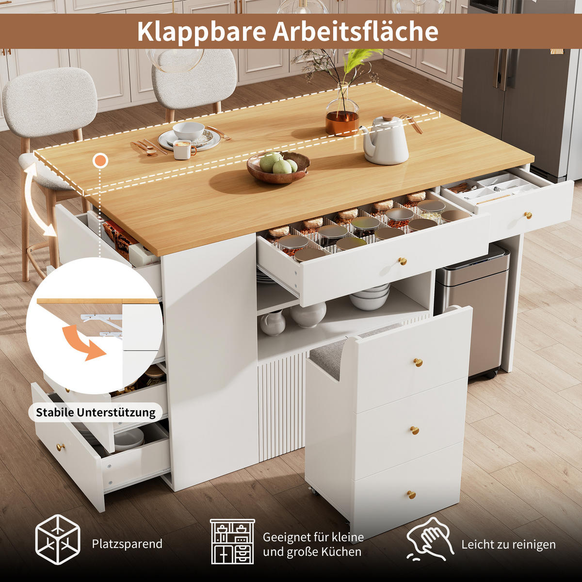KÜCHENINSEL Barhocker 6 Schubladen Verstellbar Weiß - Weiß, Metall (140/89/40cm) - FLIEKS
