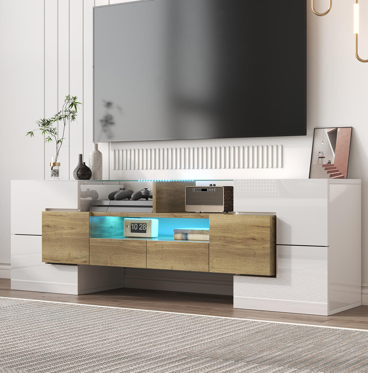 TV-SCHRANK in Hochglanz Weiß/Goldoptik mit LED und Schubladen 145/30/51 cm - Weiß, Holzwerkstoff (145/51/30cm) - Redom
