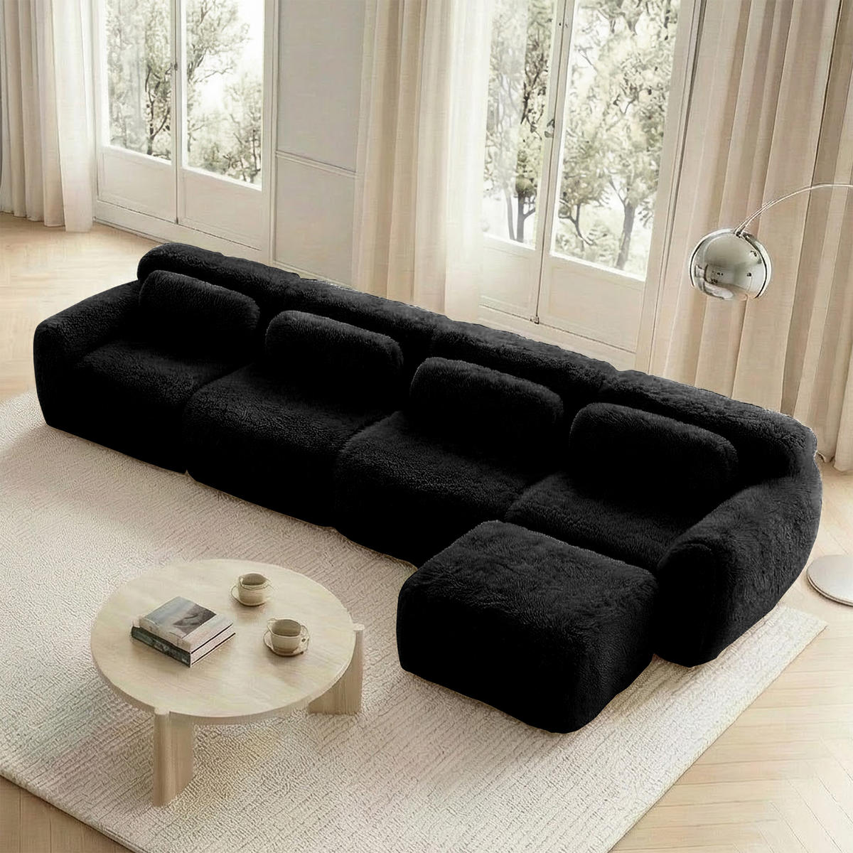 ECKSOFA 378/179/73 cm Schwarz Plüsch mit 1 Fußhocker und 2 kleinen Dekokissen - Schwarz, Textil (378/179cm) - Oxeza