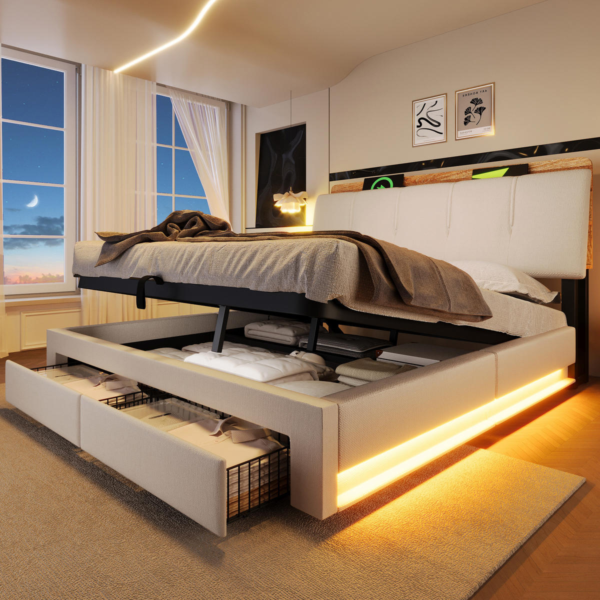 POLSTERBETT mit Stauraum & USB 140x200 cm Leinen Beige - Beige, Metall (140/200cm) - Meubliv