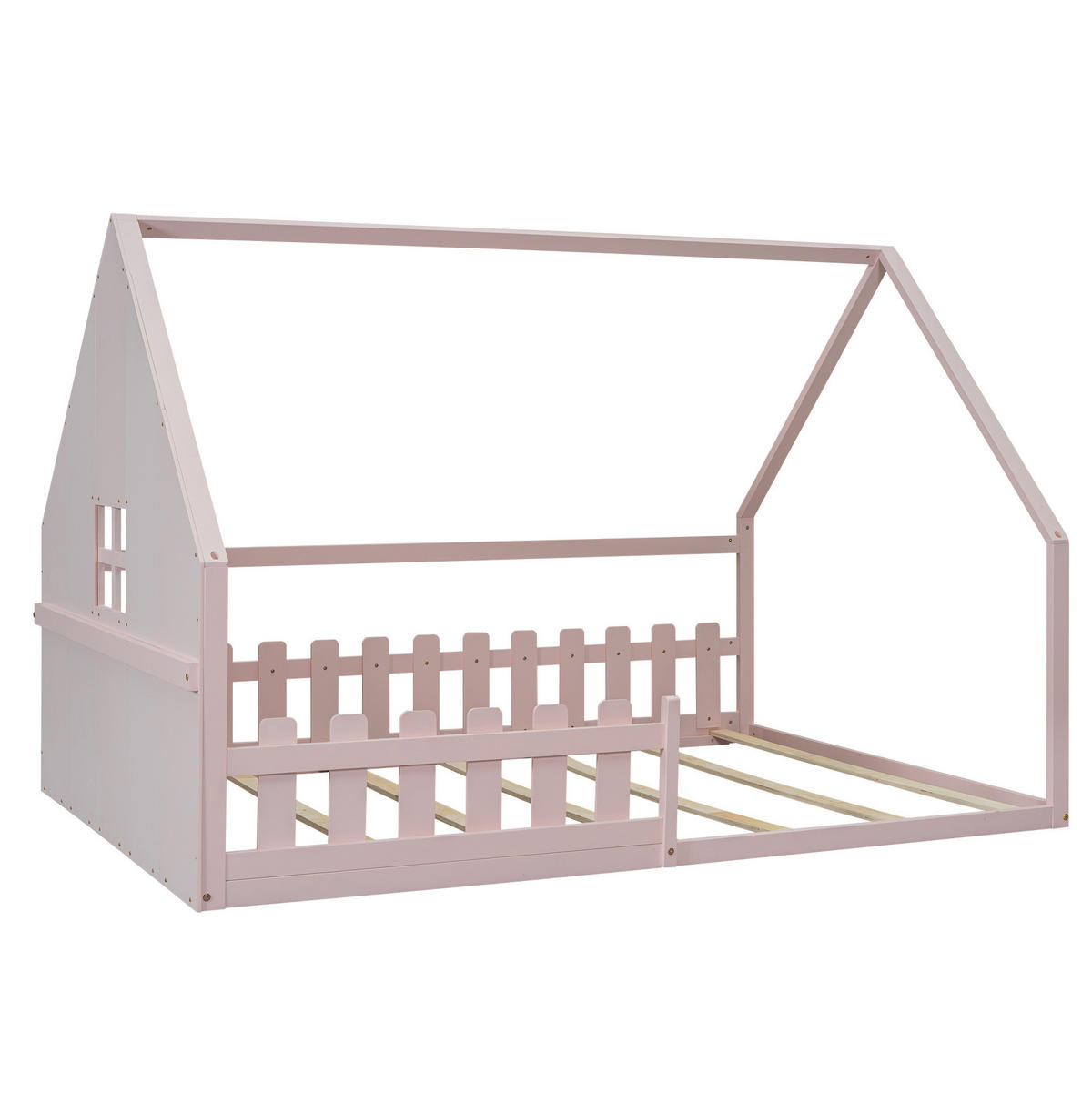 POSTELJA v obliki hiše 140/200 cm roza z ograjico iz bora in MDF - roza, les (140/200cm) - OKWISH