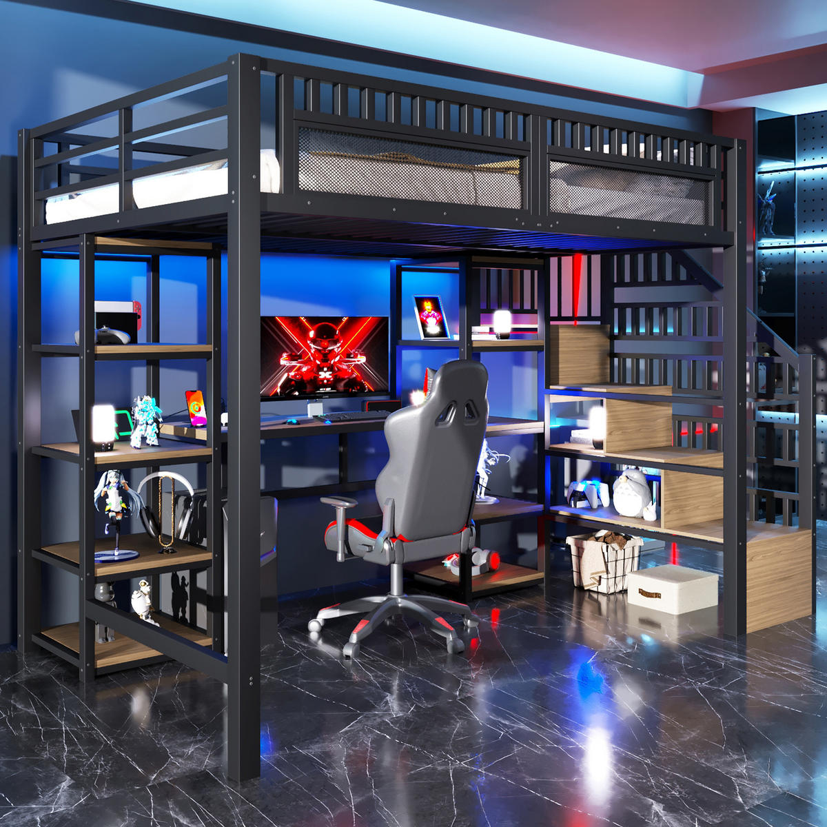 HOCHBETT 140x200cm Schwarz Mit Schreibtisch USB & LED - Schwarz, Metall - FLIEKS