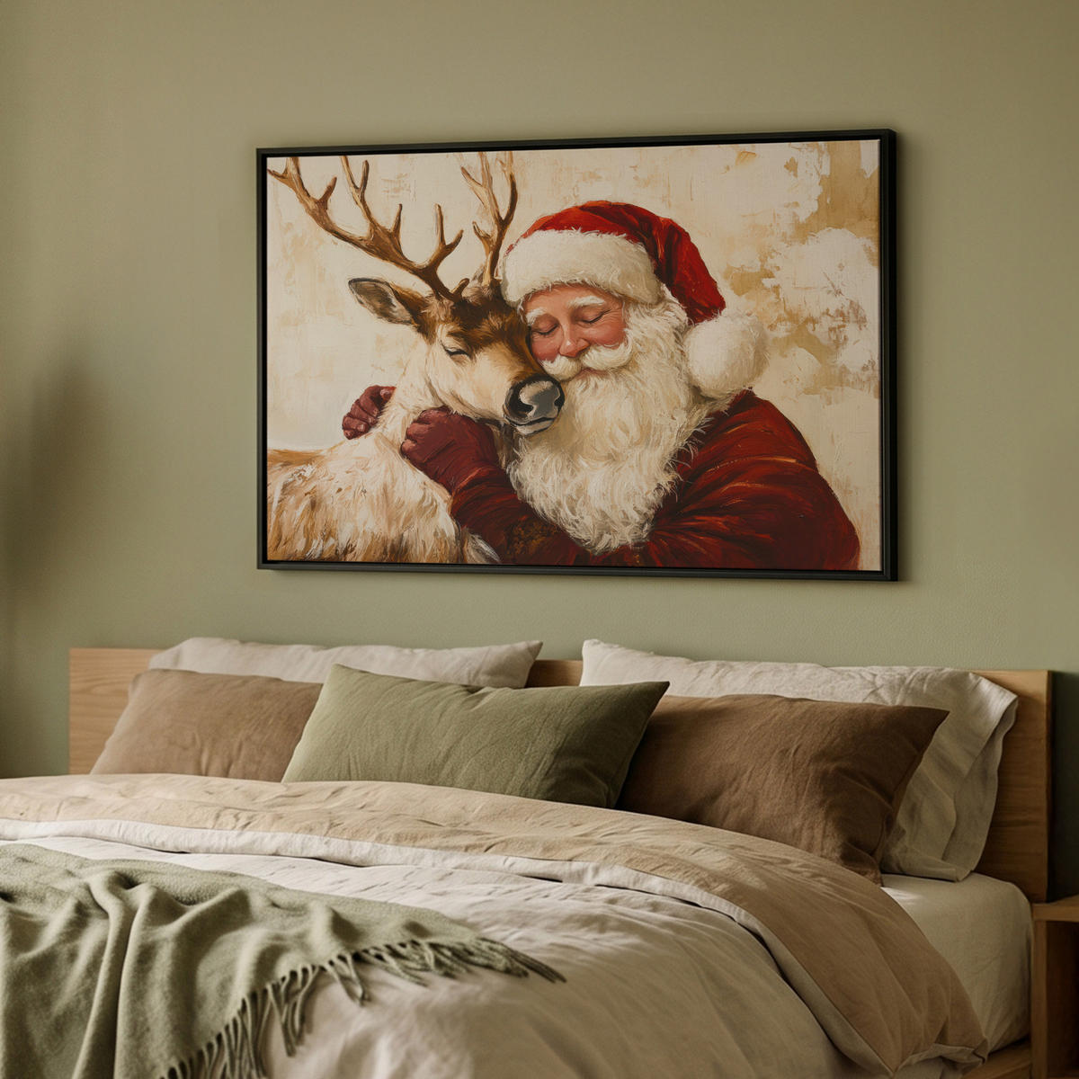 LEINWAND Bilder mit Rahmen - Weihnachtsmann - Rentier - Weihnachten - 90x60 - Rotbraun, Textil (90/60cm) - MuchoWow