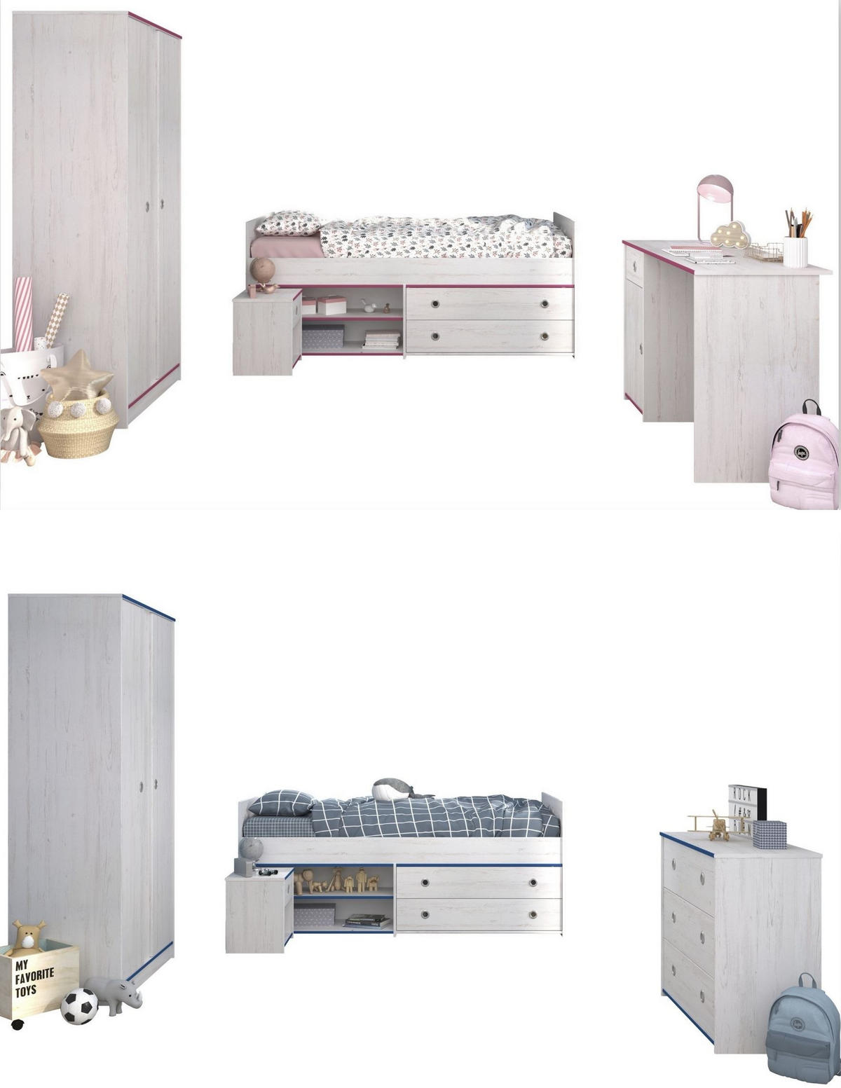 KINDERZIMMER-SET 4-tlg. Parisot Smoozy 26b Holzdekor Kiefer Weiß/Pink - Pink/Weiß, Kunststoff (100/1/200cm) - 58aufmkessel