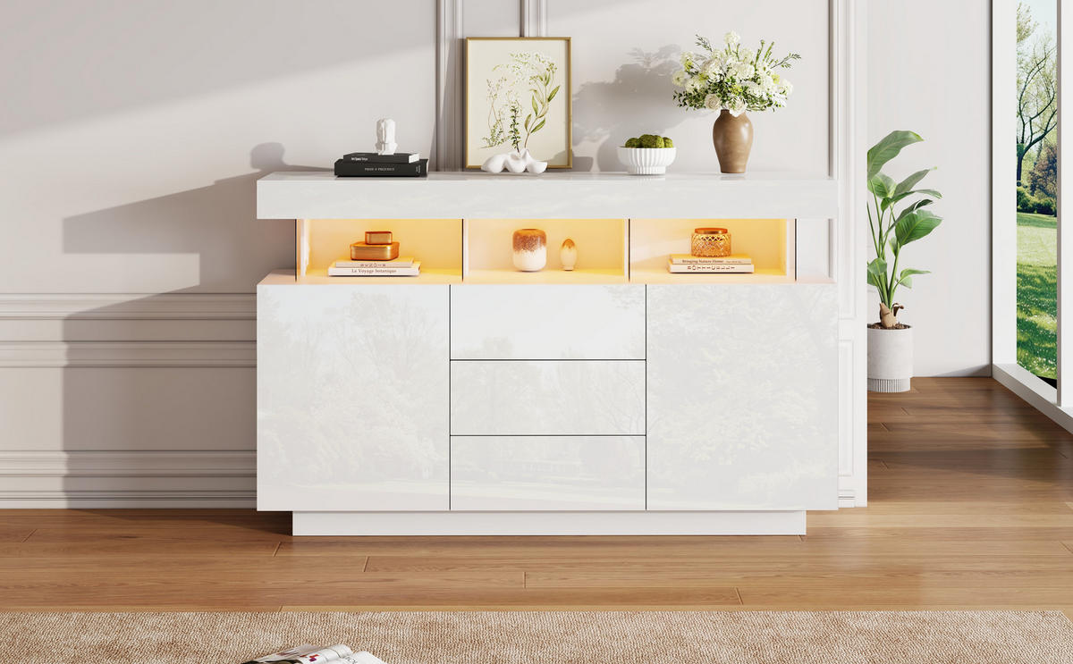 SIDEBOARD mit LED-Beleuchtung Moderner Aufbewahrungsschrank - Weiß, Holzwerkstoff (140/80/35cm) - Urban Meuble