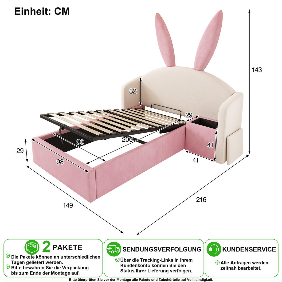 POLSTERBETT 90/200 cm in Beige & Rosa mit Nachttisch und Bettkasten - Beige/Rosa, Holzwerkstoff/Textil (90/200cm) - CHICFURN