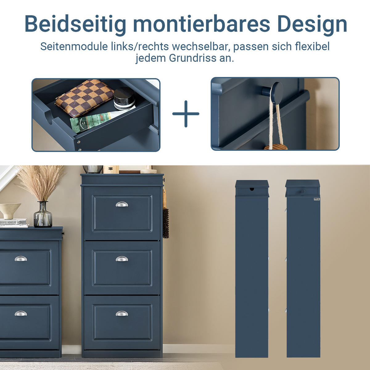 SCHUHKIPPER mit Schublade und Haken, Schuhschrank Blau 53x24x118cm - Blau, Holzwerkstoff (53/118/24cm) - SoBuy